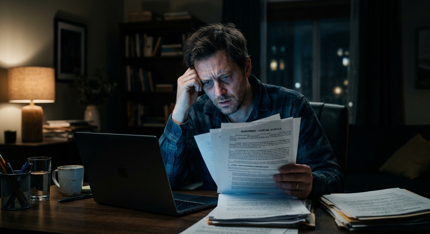 גבר לחוץ ועייף יושב בשעות הלילה המאוחרות מול מחשב נייד וקורא מסמכים משפטיים וחוזים